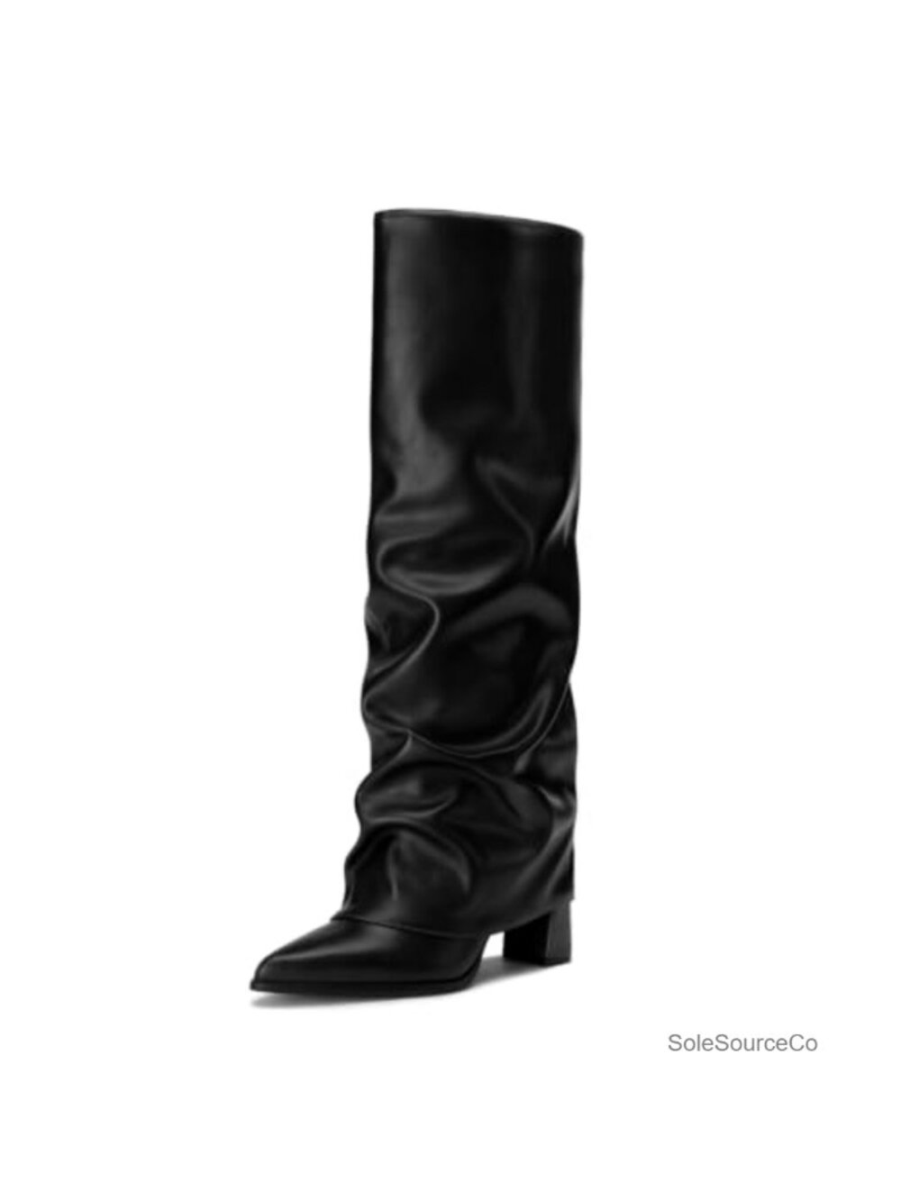 Athlefit Faux Leather Knee High Boots Chunky Heel Pointed Toe Fold Over Womens